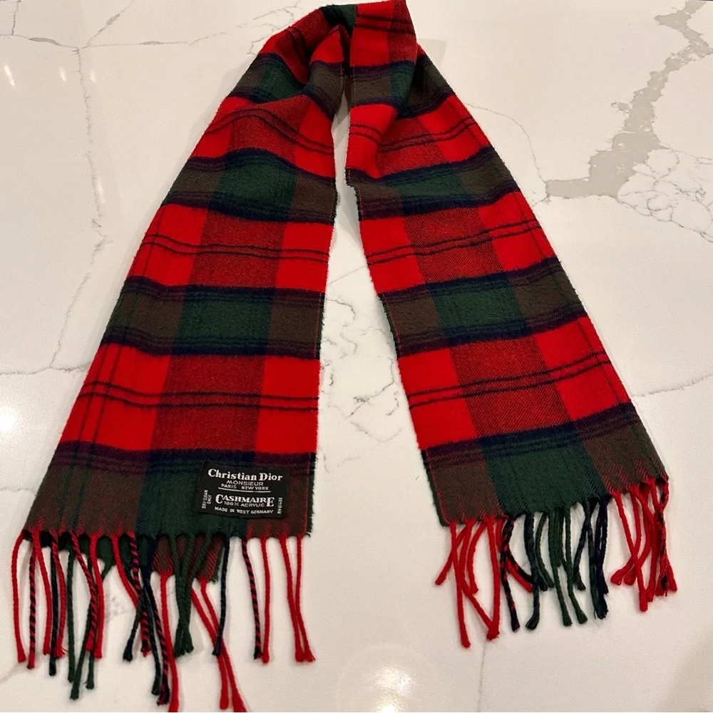 Vintage Christian Dior Monsieur Cashmaire Tartan Plaid Scarf Red Green Fringe